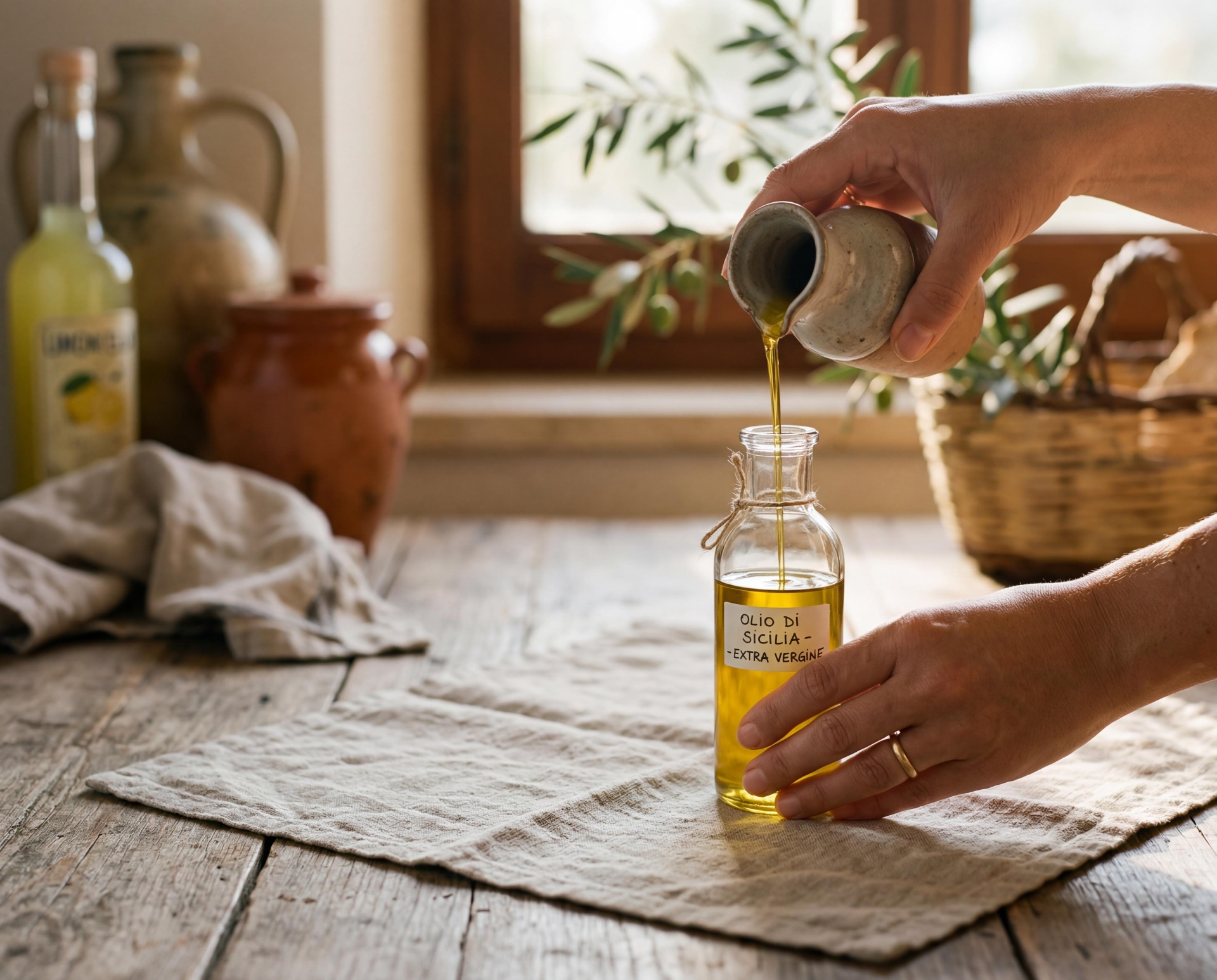 Hands pouring premium Sicilian extra virgin olive oil from a ceramic vessel into a labeled glass bottle on a linen runner